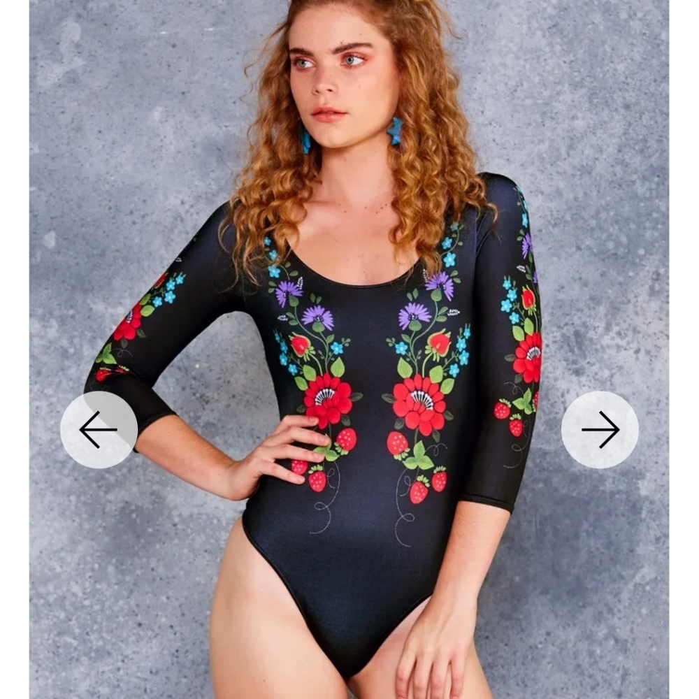 BLACKMILK FOLK BOUQUET 3/4 SLEEVE THONG BODYSUIT XL